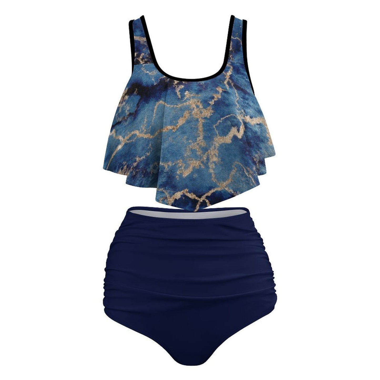 Blue Gold Two-piece Swimsuit Full Front Ruffle Plus