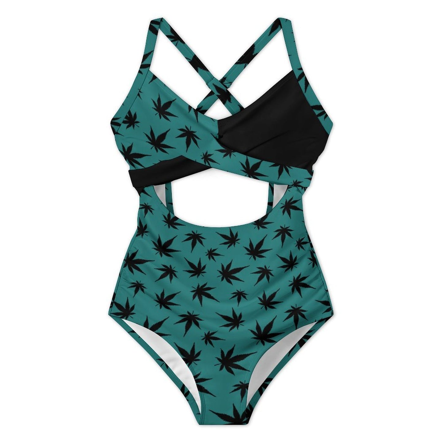 Women's Green Black Leaf Twist Front Tie Back Swimsuit