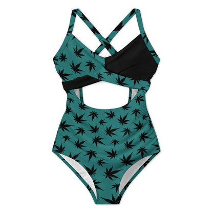 Women's Green Black Leaf Twist Front Tie Back Swimsuit