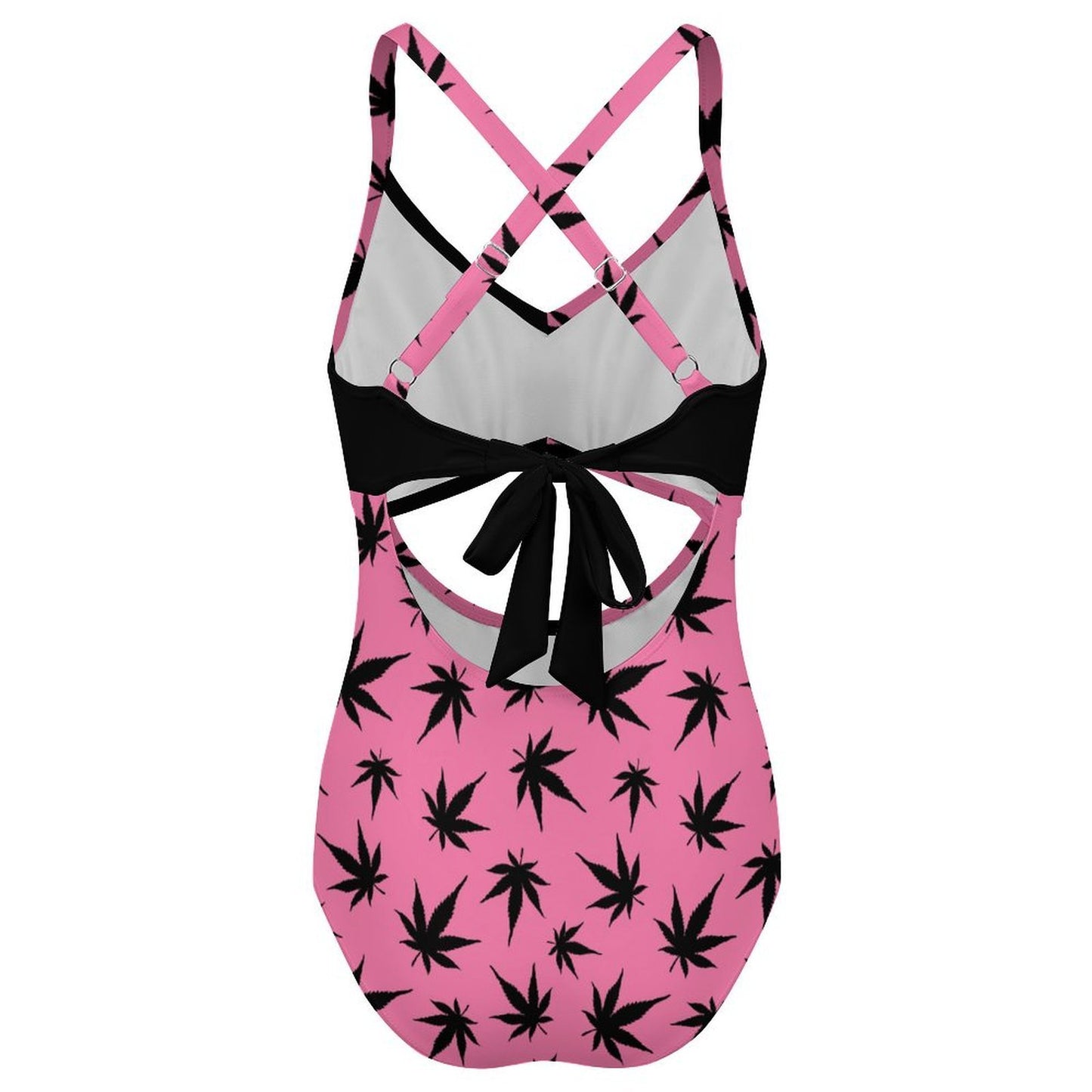 Women's Pink Black Leaf Twist Front Tie Back Swimsuit