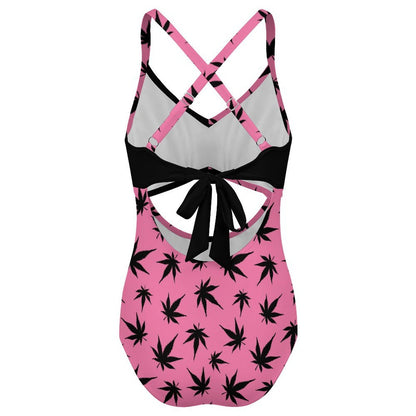 Women's Pink Black Leaf Twist Front Tie Back Swimsuit
