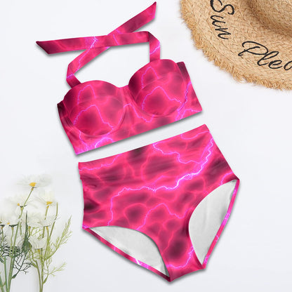 Pink Lightning Women's Halter Neck Gather Chest Bikini Swimsuit