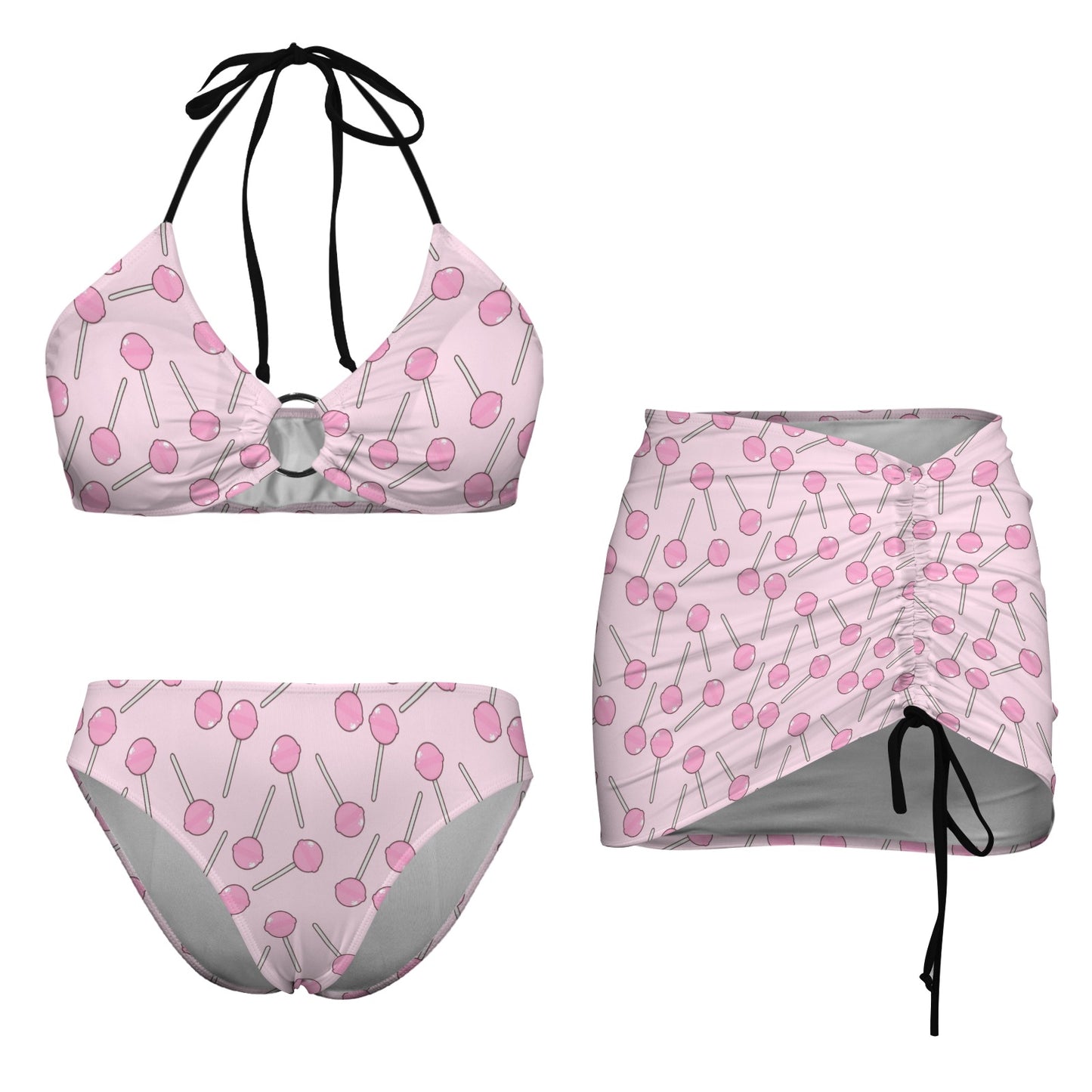 Pink Lollipop Drawstring Halterneck Three-Piece Swimsuit Skirt