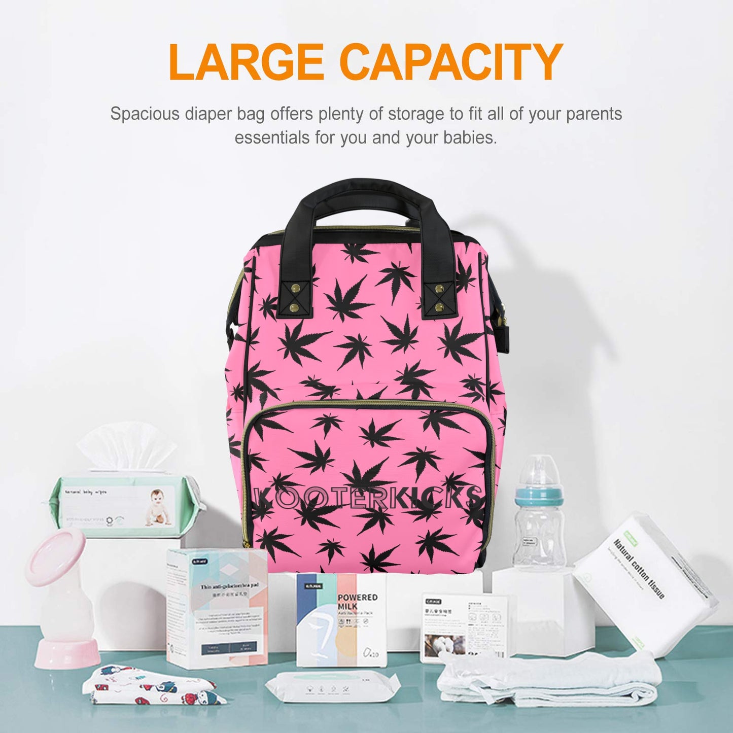 Pink Black Pot Marijuana Leaves Diaper Bag Backpack