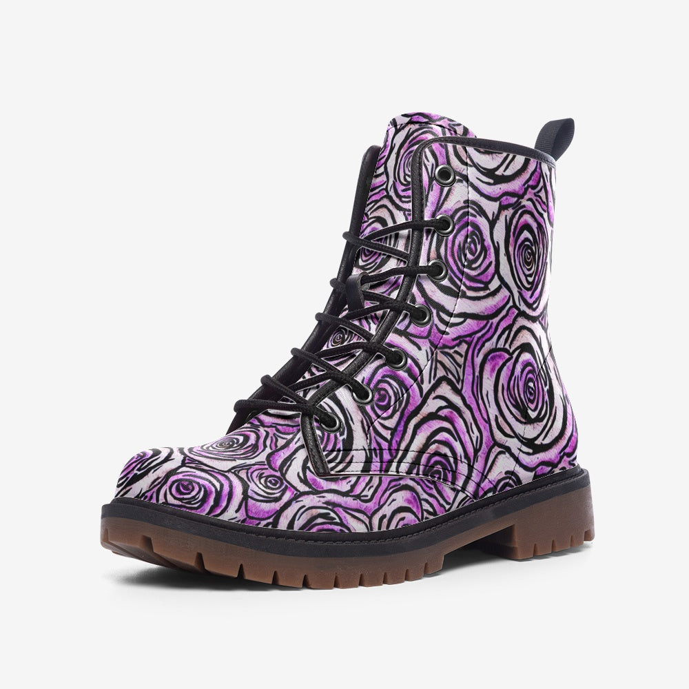 Purple Rose Abstract Casual Leather Lightweight Boots