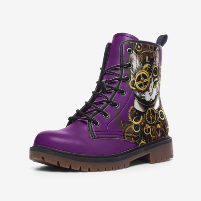 Steampunk Kitty Purple Casual Leather Lightweight Boots - Custom Order For NG