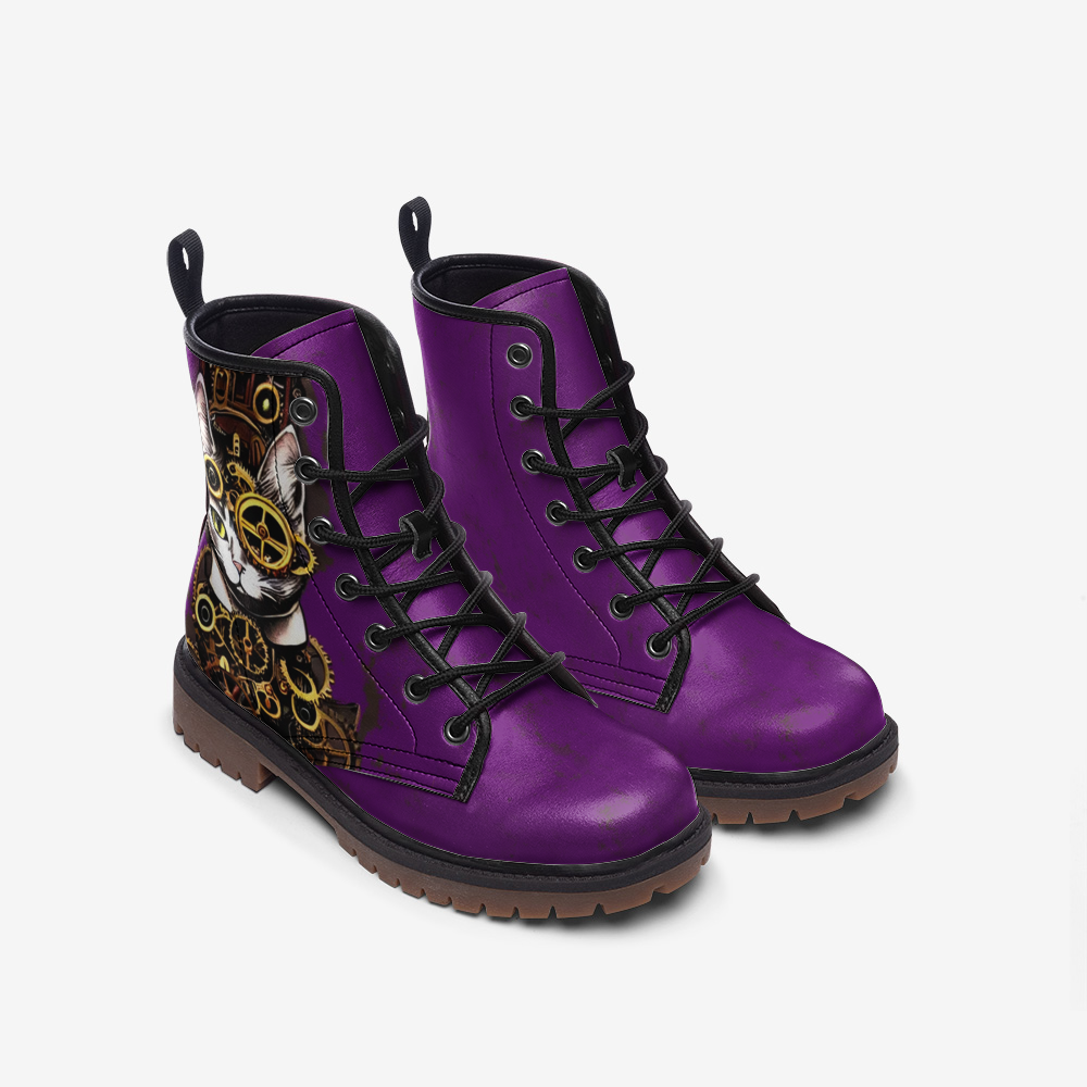 Steampunk Kitty Purple Casual Leather Lightweight Boots - Custom Order For NG