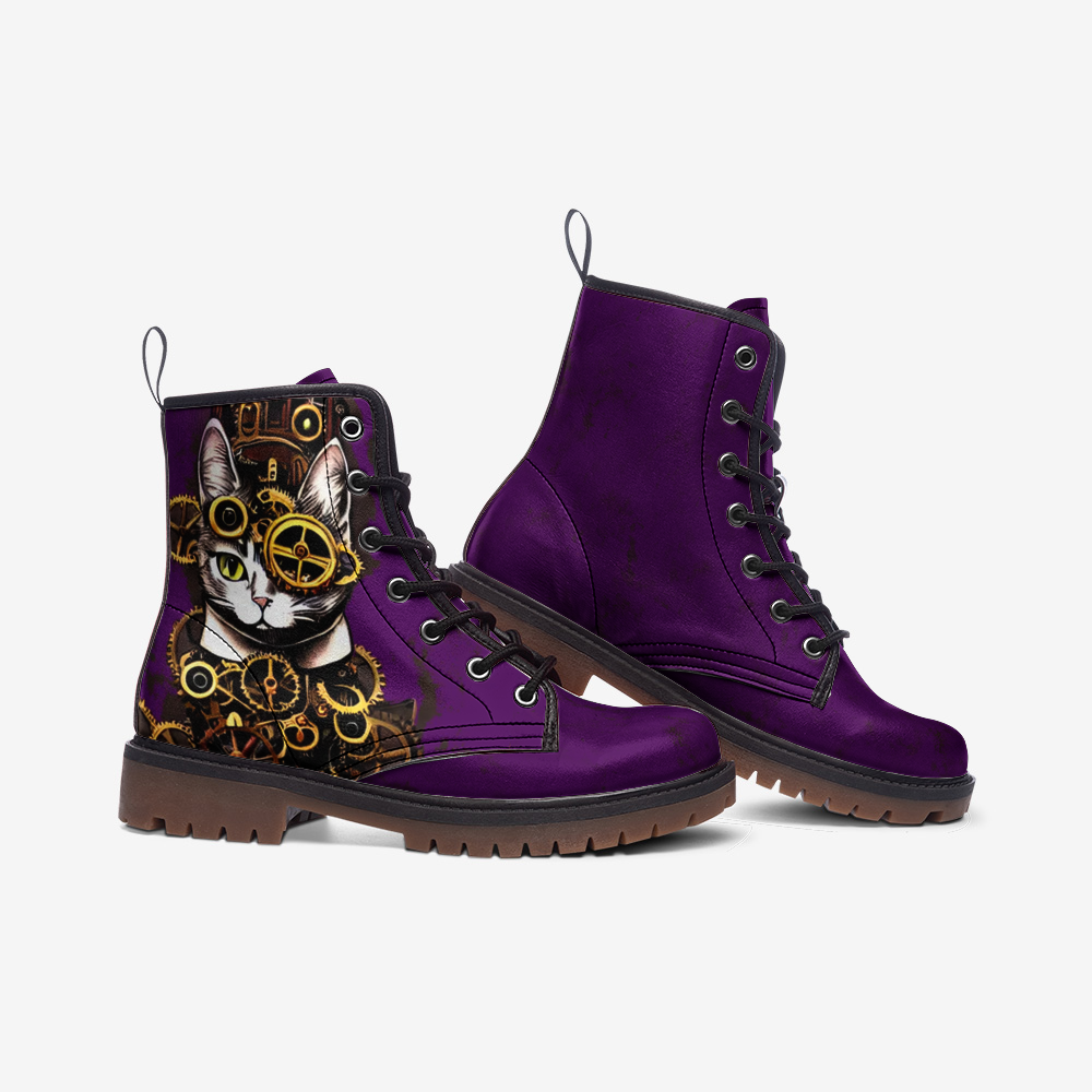 Steampunk Kitty Purple Casual Leather Lightweight Boots - Custom Order For NG