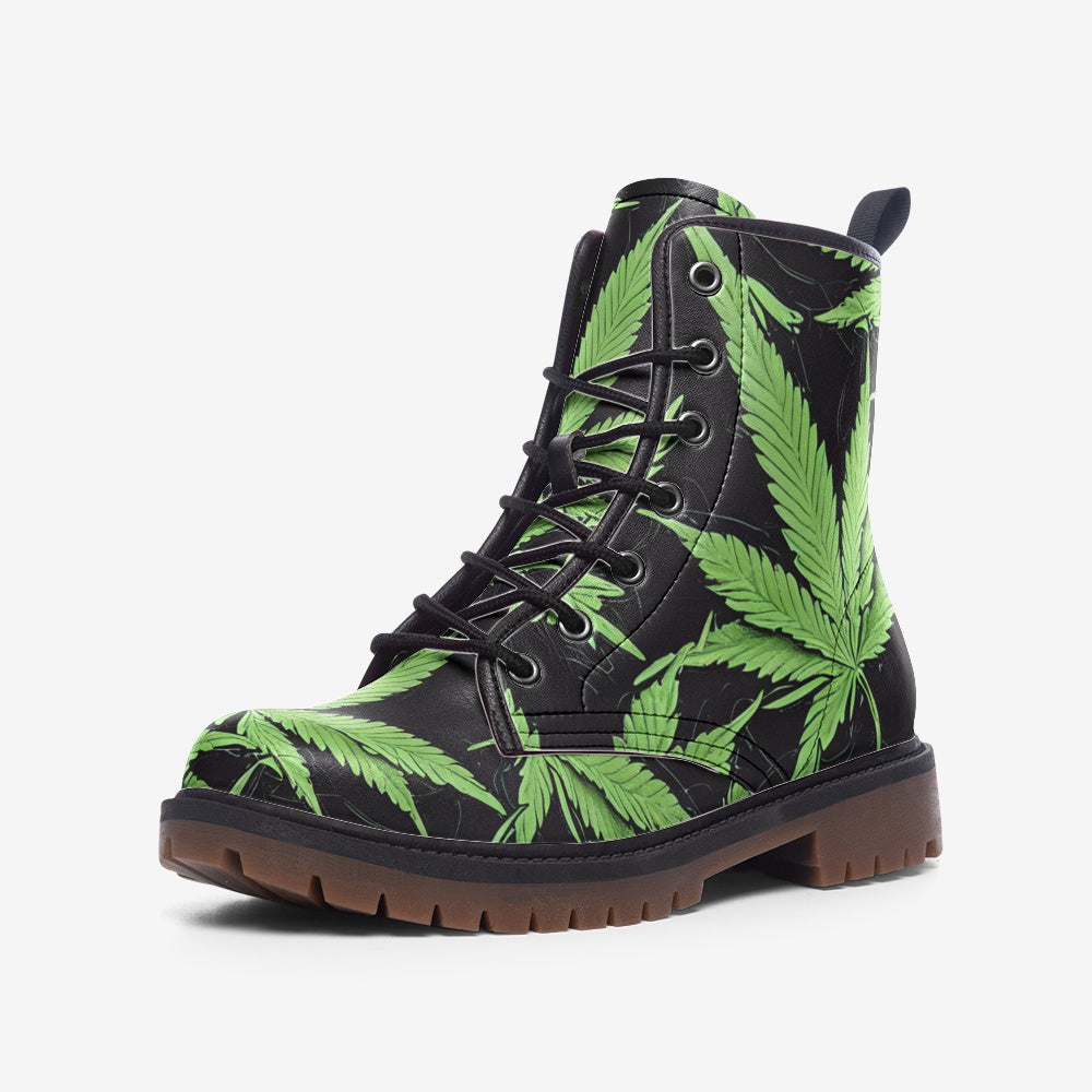 Marijuana Green Leaf Black Casual Leather Lightweight Boots