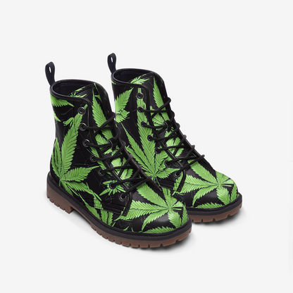 Marijuana Green Leaf Black Casual Leather Lightweight Boots