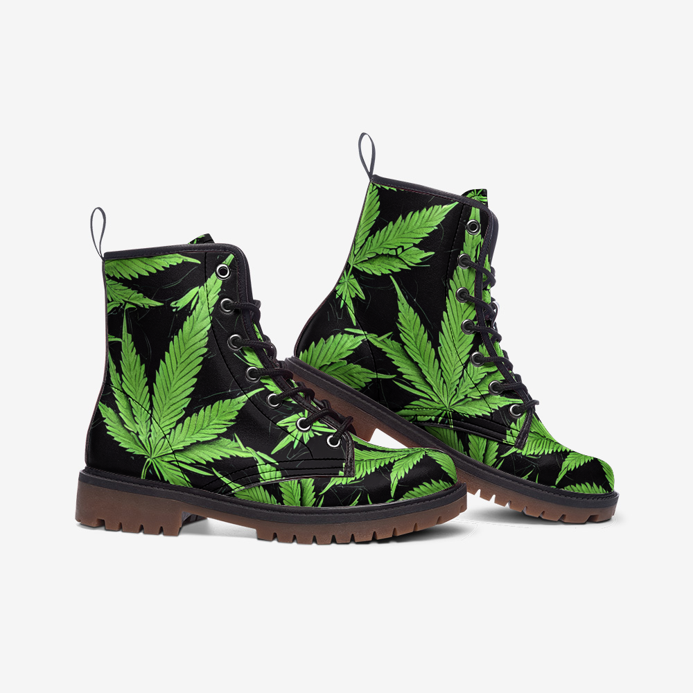 Marijuana Green Leaf Black Casual Leather Lightweight Boots