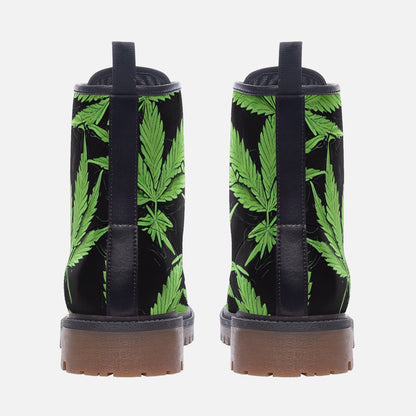 Marijuana Green Leaf Black Casual Leather Lightweight Boots