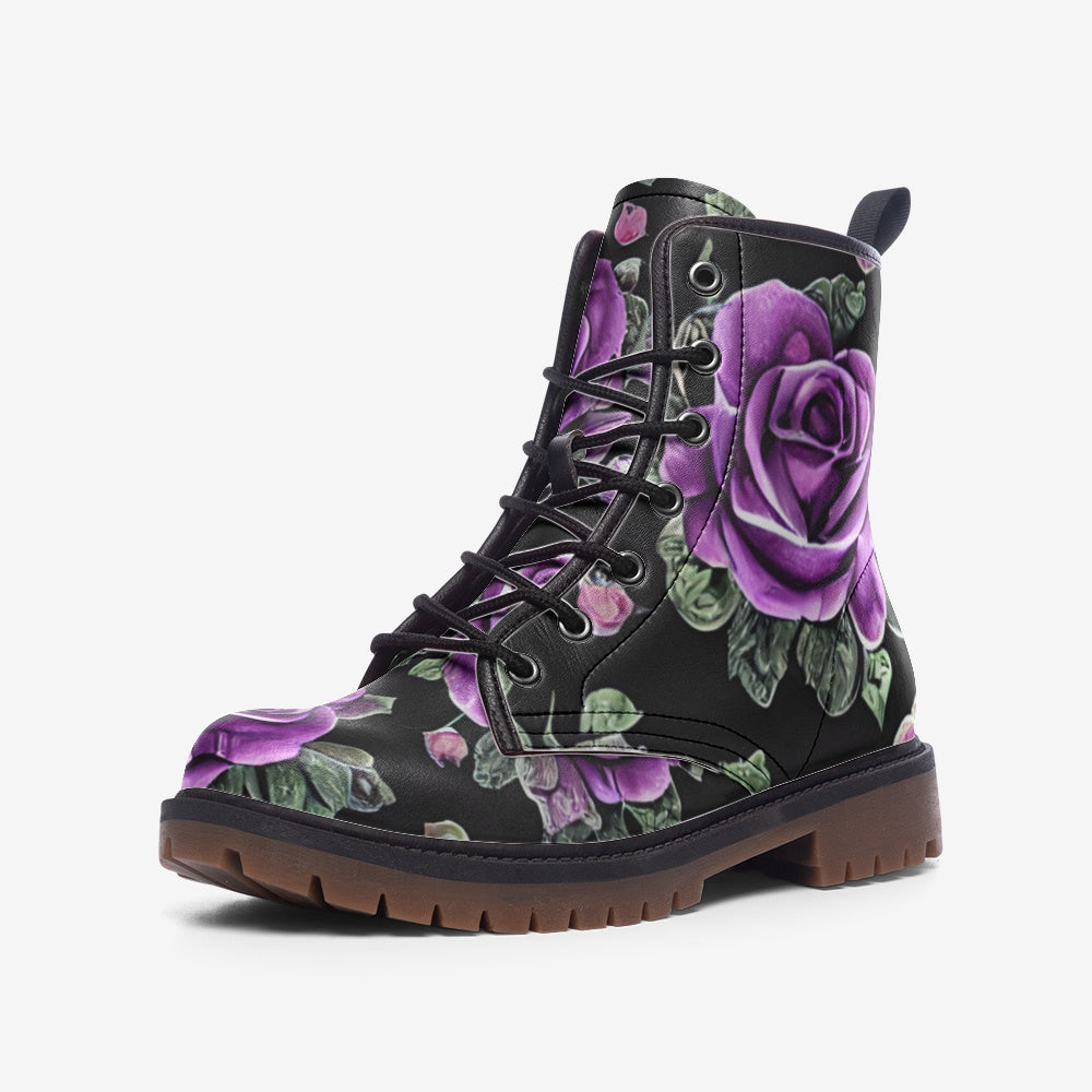 Black Purple Roses Gothic Casual Leather Lightweight Boots