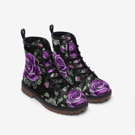 Black Purple Roses Gothic Casual Leather Lightweight Boots