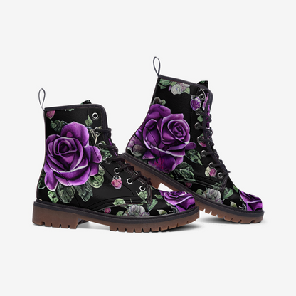 Black Purple Roses Gothic Casual Leather Lightweight Boots