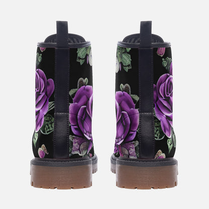 Black Purple Roses Gothic Casual Leather Lightweight Boots