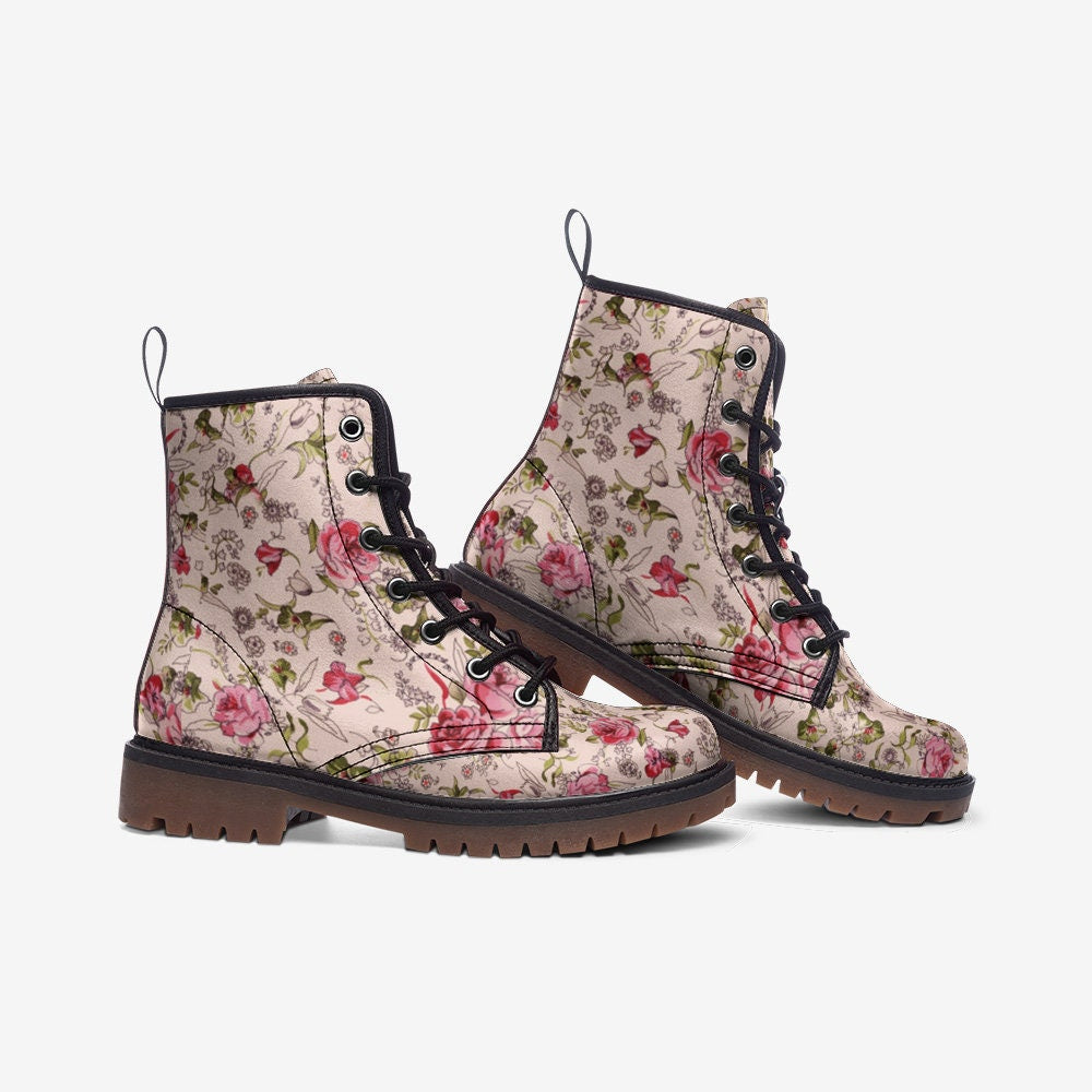 Pink Floral Whimsical Flowers Casual Leather Lightweight Boots