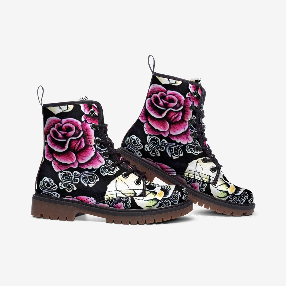 Pink Roses Skulls Casual Leather Lightweight Boots