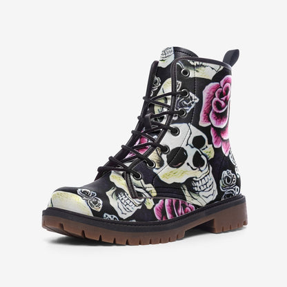 Pink Roses Skulls Casual Leather Lightweight Boots