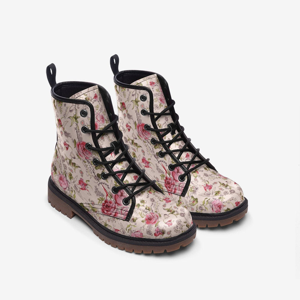 Pink Floral Whimsical Flowers Casual Leather Lightweight Boots