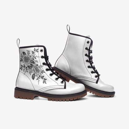 White Black Floral Casual Leather Lightweight Boots