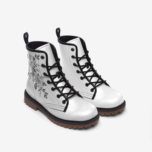 White Black Floral Casual Leather Lightweight Boots