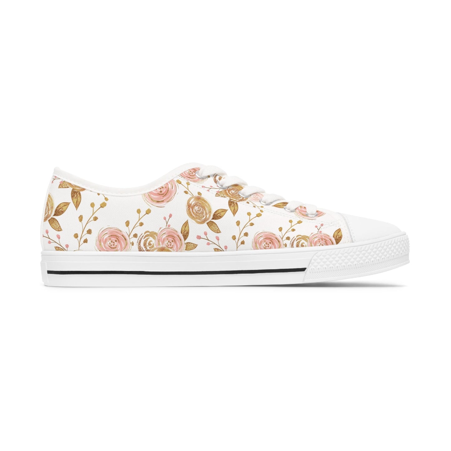 White Gold Rose Floral Low Top Sneakers