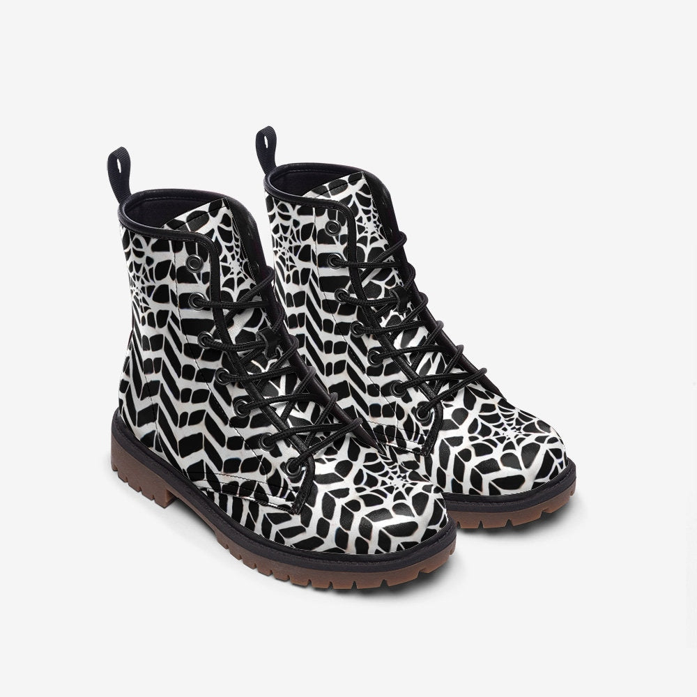 Black and White Spiderweb Casual Leather Lightweight Boots