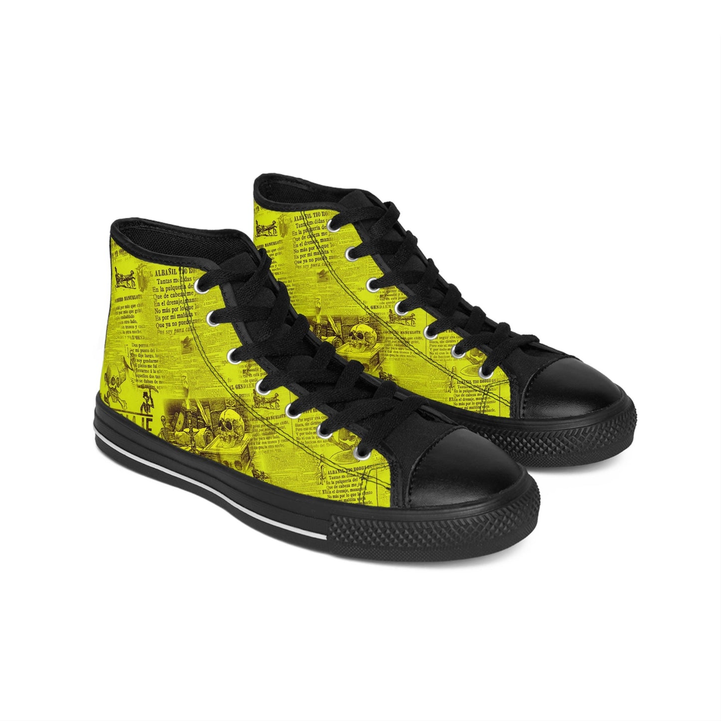 Yellow Gothic Newsprint Article Skulls High Top Sneakers