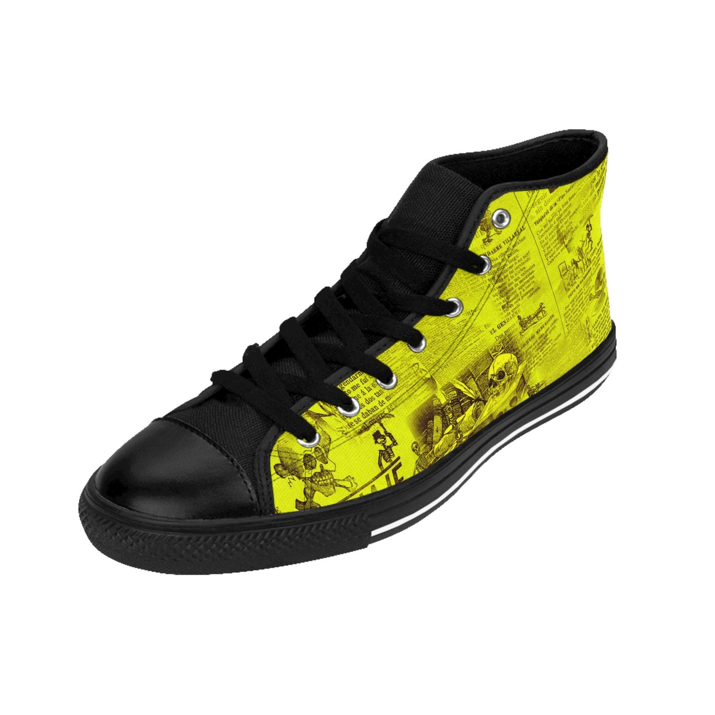 Yellow Gothic Newsprint Article Skulls High Top Sneakers