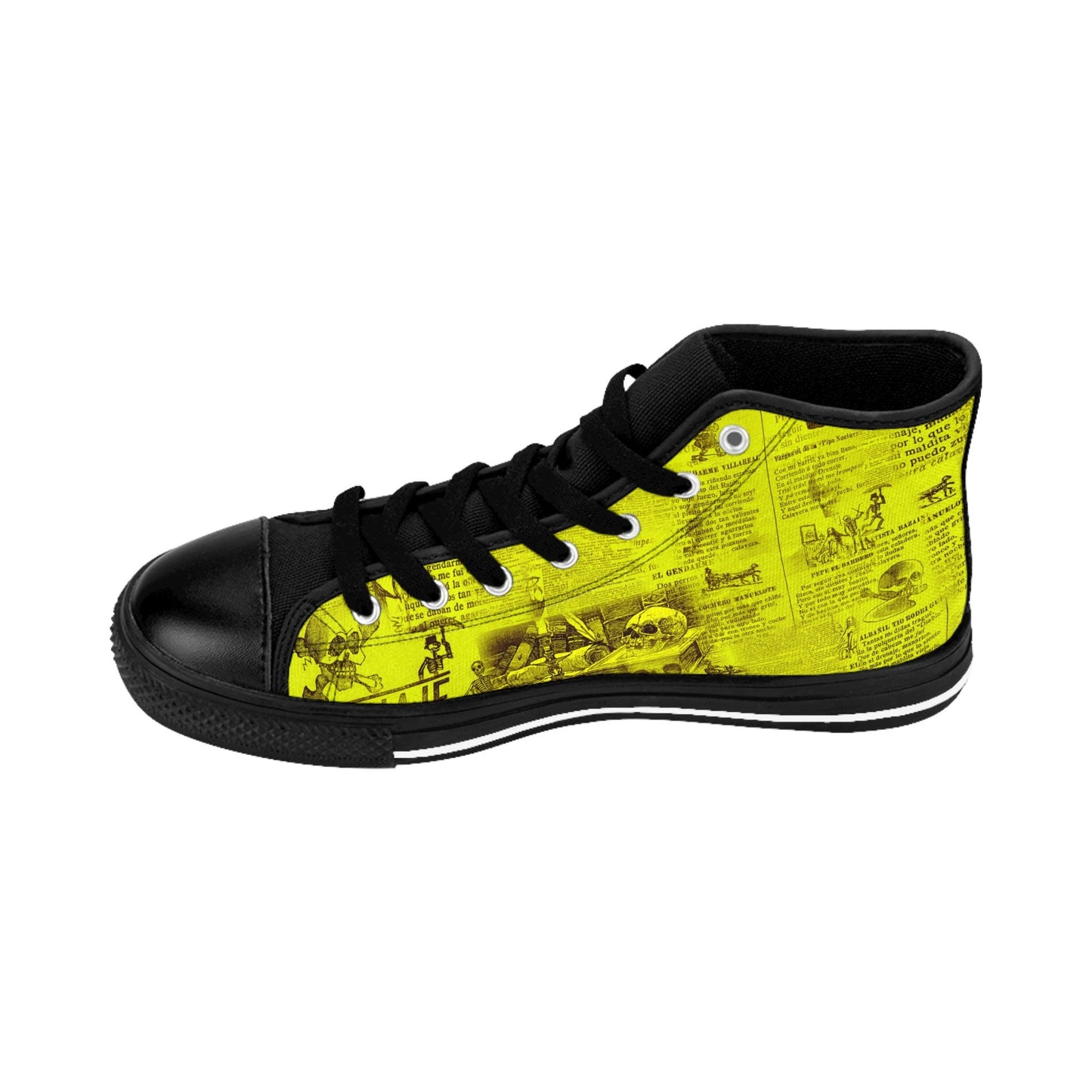 Yellow Gothic Newsprint Article Skulls High Top Sneakers