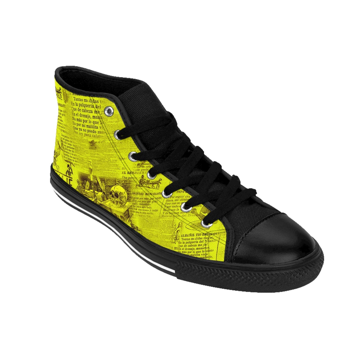 Yellow Gothic Newsprint Article Skulls High Top Sneakers