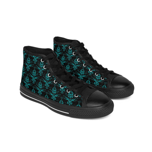 Mens Fit Black Teal Damask Vintage High Top Sneakers