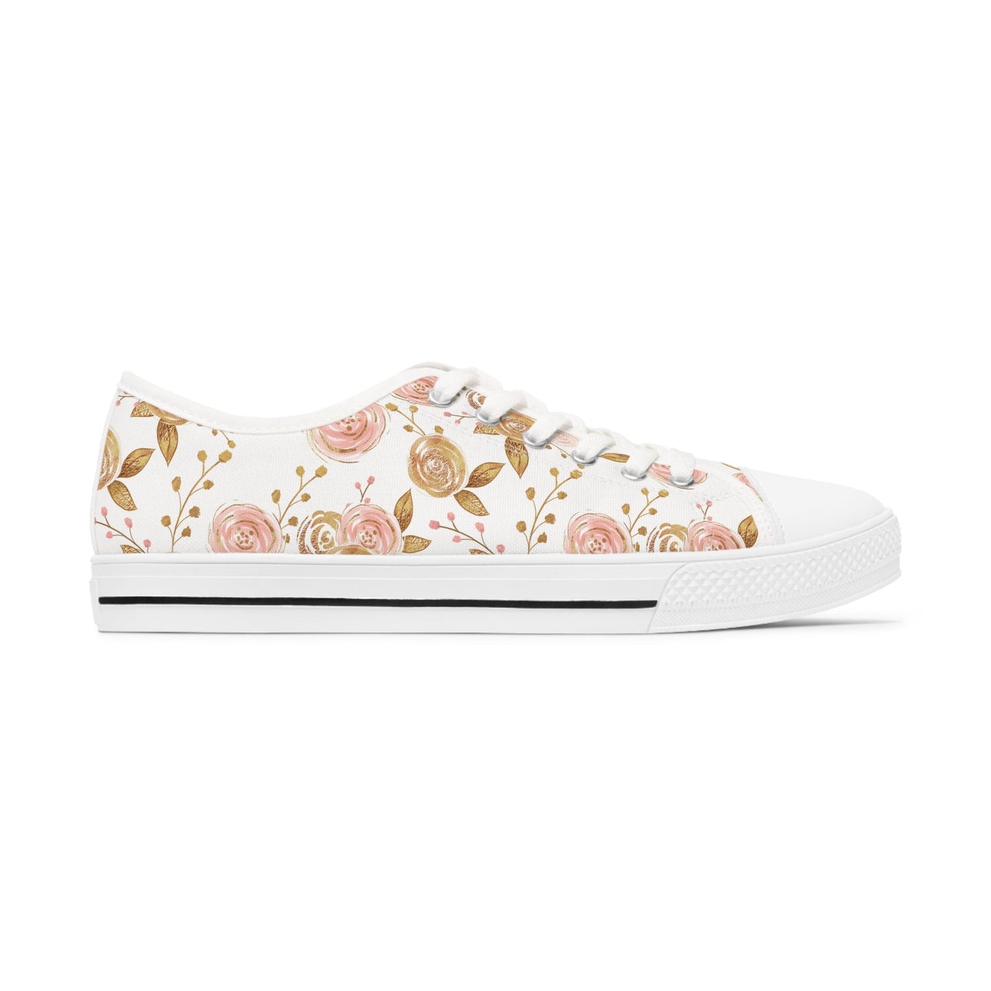 White Gold Rose Floral Low Top Sneakers