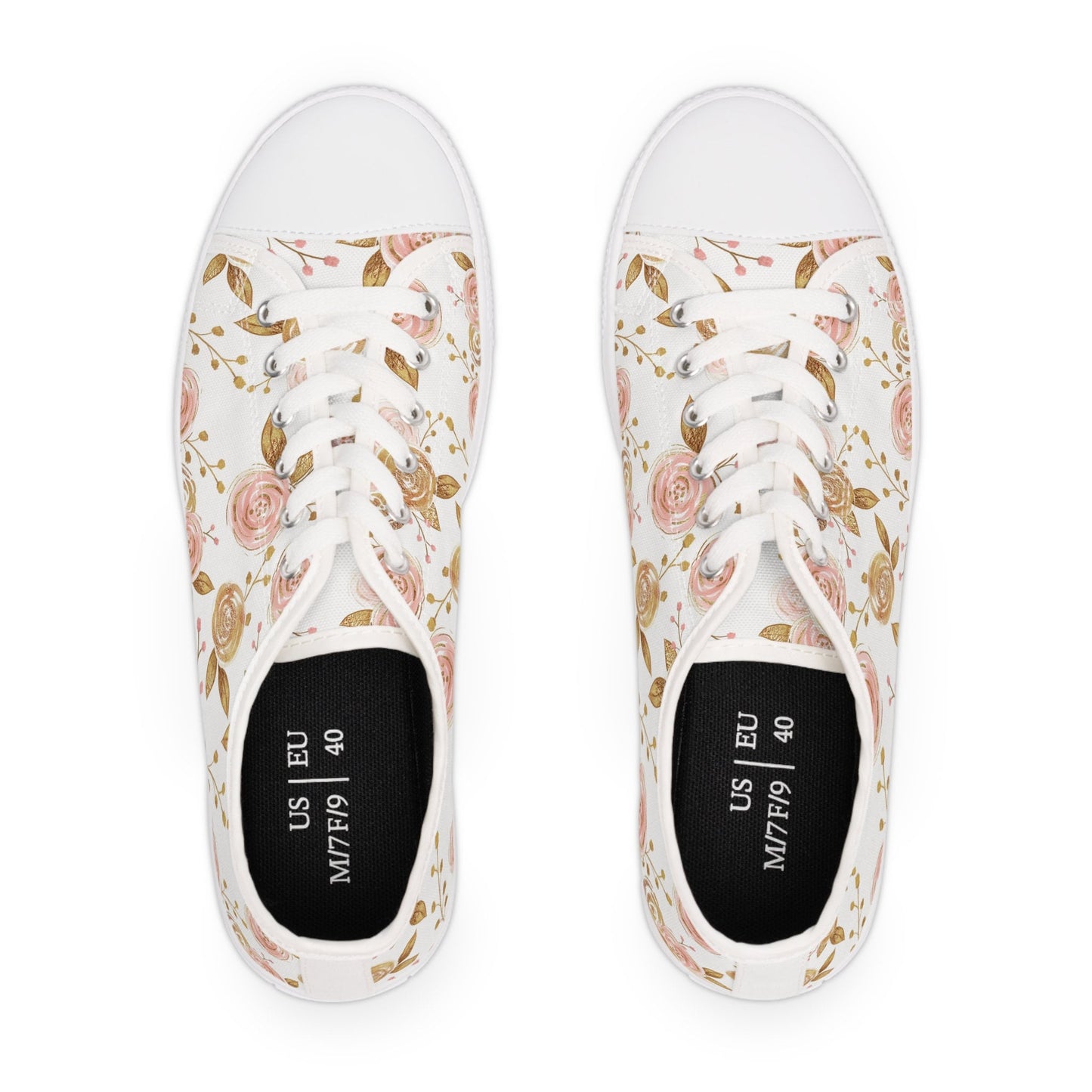 White Gold Rose Floral Low Top Sneakers