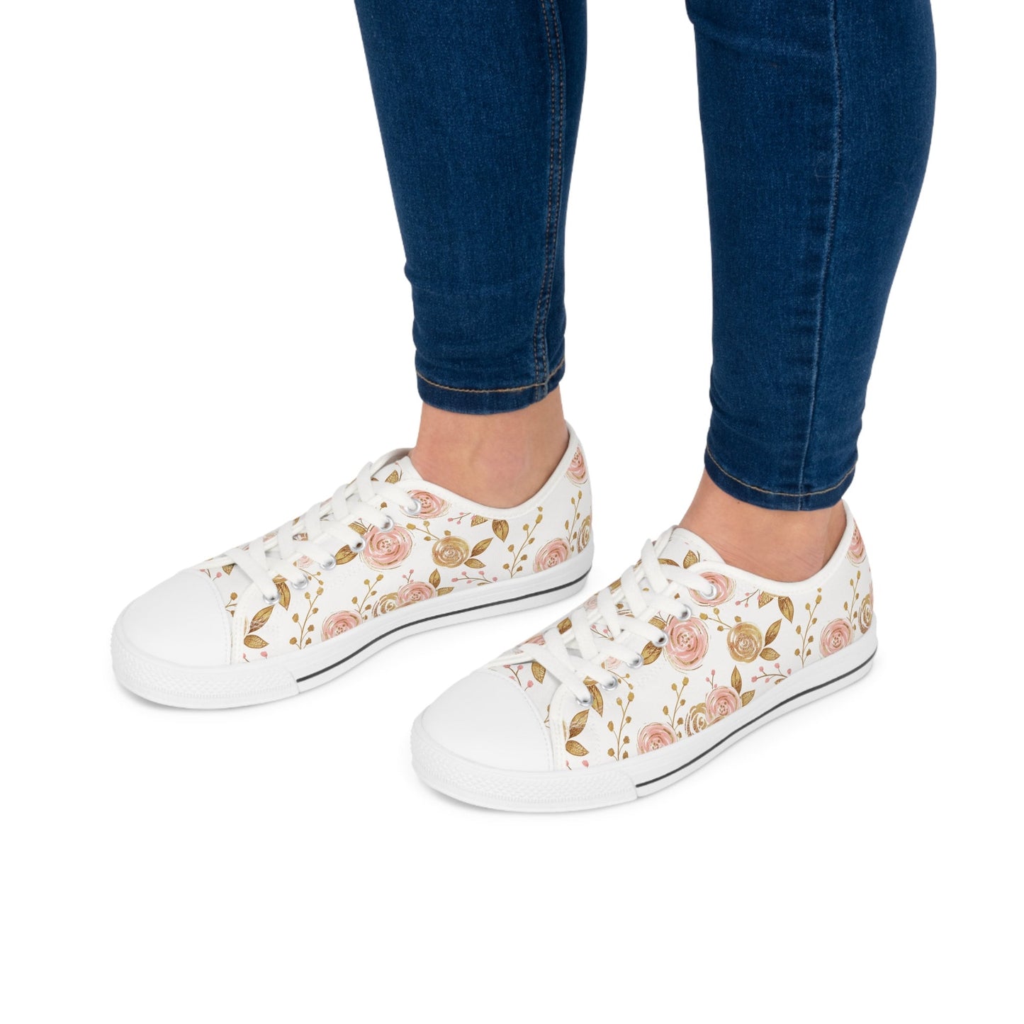 White Gold Rose Floral Low Top Sneakers