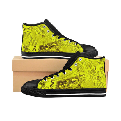 Yellow Gothic Newsprint Article Skulls High Top Sneakers