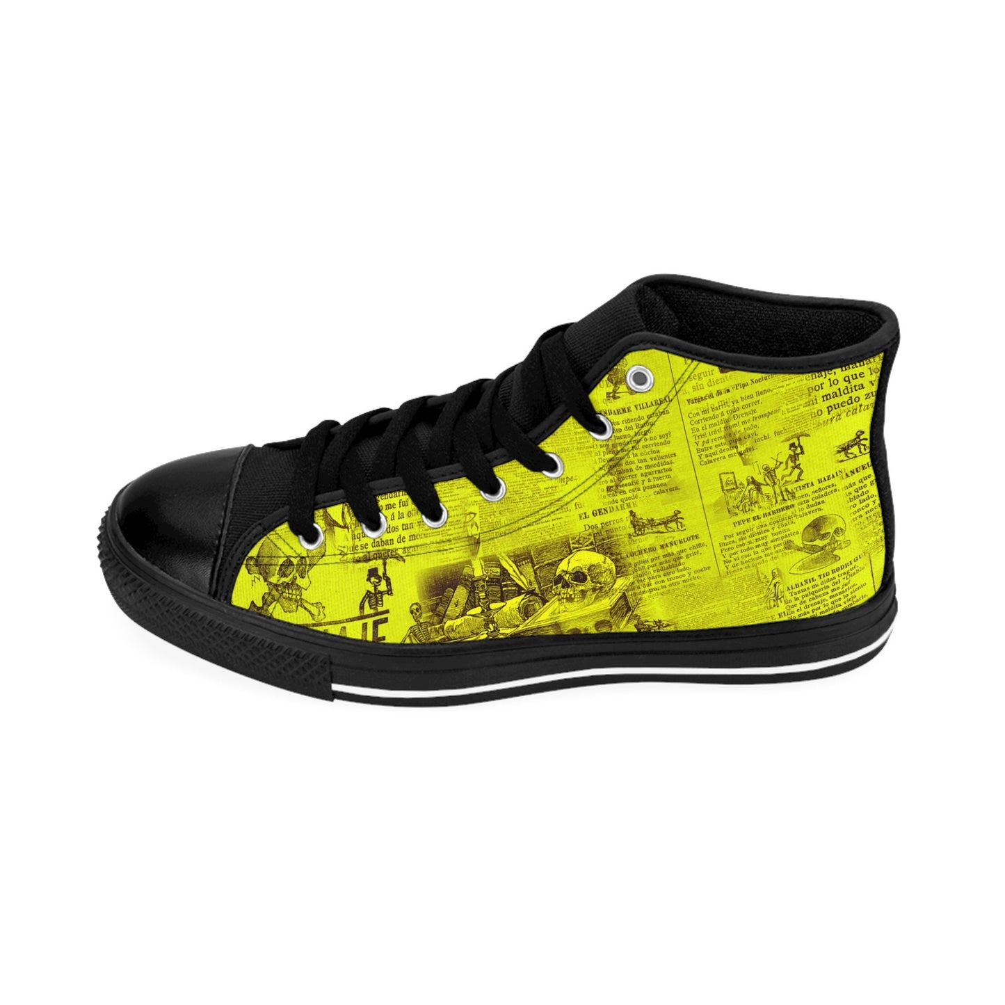 Yellow Gothic Newsprint Article Skulls High Top Sneakers