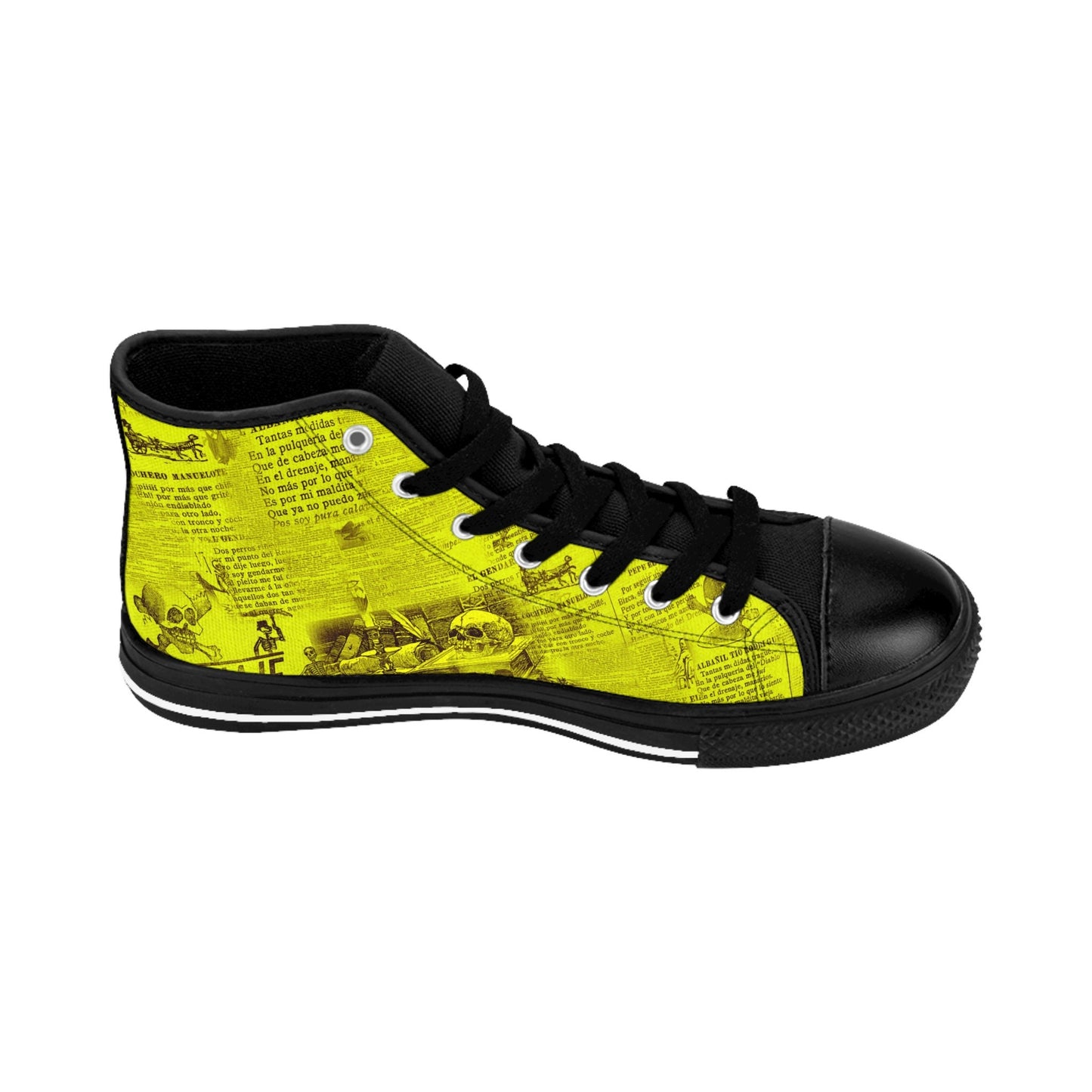 Yellow Gothic Newsprint Article Skulls High Top Sneakers