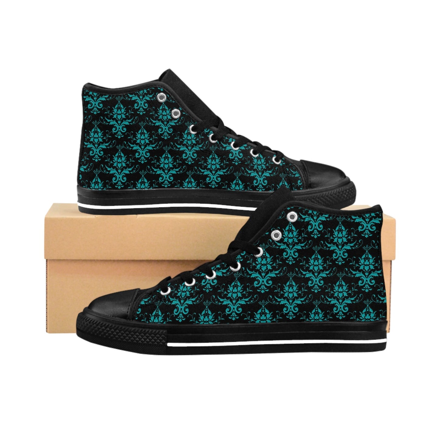 Black Teal Damask Vintage High Top Sneakers