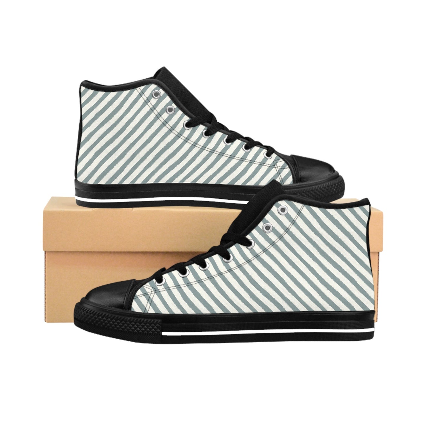 Mens Fit White Gray Stripe Black High Top Sneakers